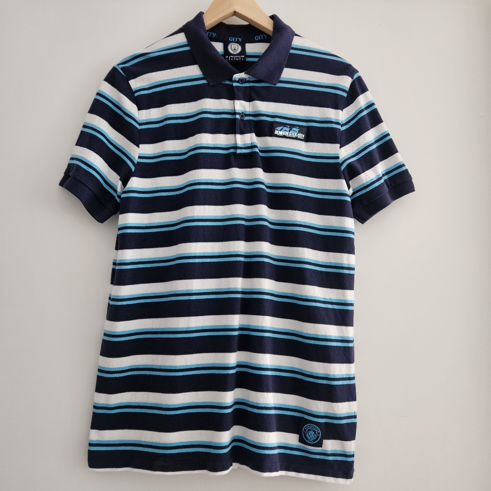 Machester City Navy Blue Striped Polo Shirt Size L